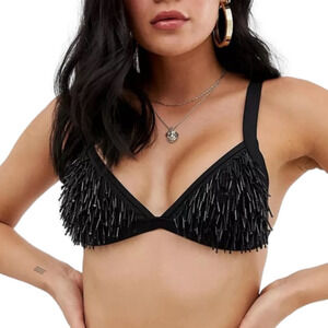 MISSGUIDED Black Beaded Triangle Swim Bikini Top size 10